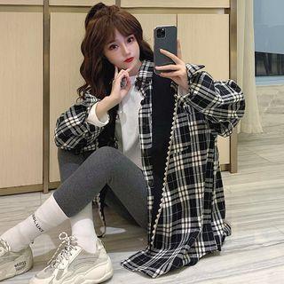 Long-sleeve Plaid Shirt / Contrast Trim Shawl
