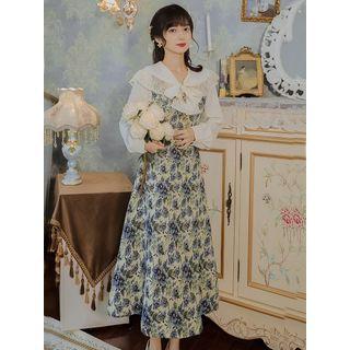 Blouse / Floral Print Midi Pinafore Dress / Set