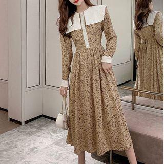 Long-sleeve Floral Print Doll-collar Midi Dress