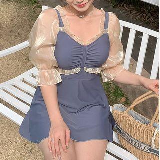 Elbow-sleeve Ruffle Trim Swimdress
