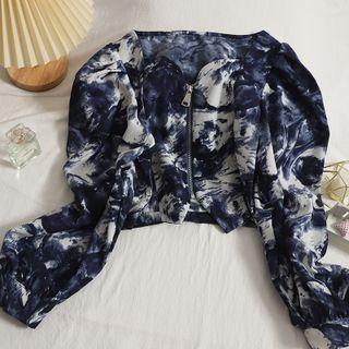 Puff-sleeve Tie-dyed Zip-up Blouse