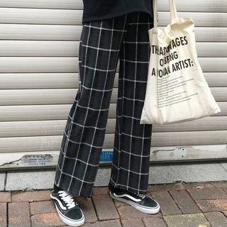 Plaid Straight-fit Pants Plaid - Black - One Size