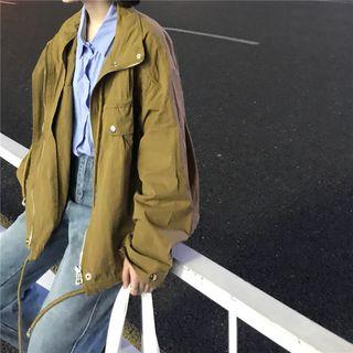 Drawstring Hem Zip Jacket Khaki - One Size