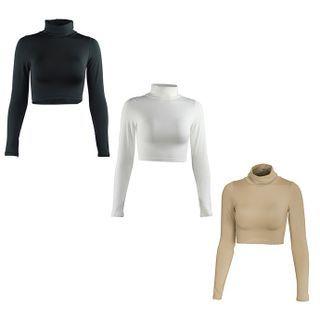 Long Sleeve Mock Neck Plain Crop Top