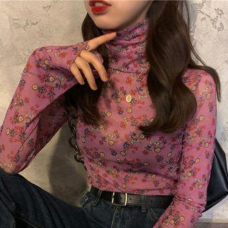 Flora Print Turtleneck Long-sleeve Top