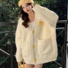 Plush-accent V-neck Cardigan White - One Size