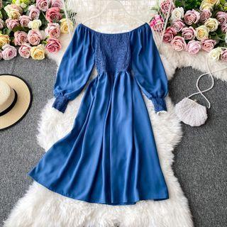 Frill-trim Plain Long-sleeve A-line Dress