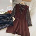 Long-sleeve Ruffled Tie-neck Knit A-line Dress