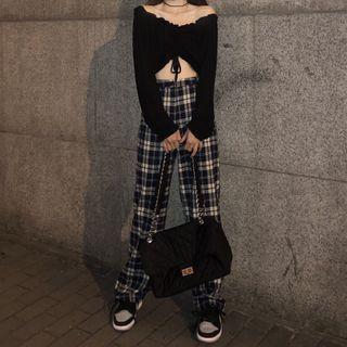 Long-sleeve Drawstring Cropped Top / Plaid Sweatpants