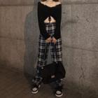 Long-sleeve Drawstring Cropped Top / Plaid Sweatpants