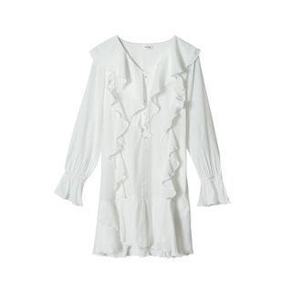Plain Ruffle Trim Long-sleeve Mini A-line Dress