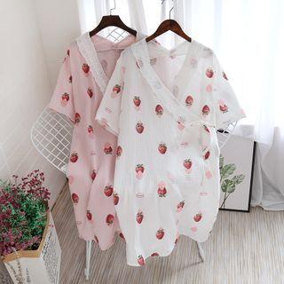 Strawberry Print Lace Trim Short-sleeve Sleep Dress