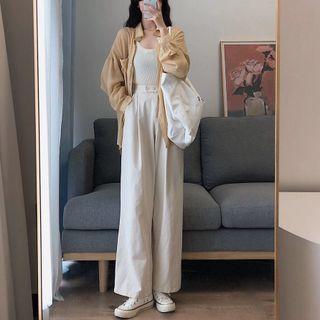 Long-sleeve Plain Shirt / Wide-leg Pants / Set
