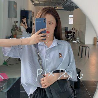 3/4 Sleeve Striped Bear Embroidered Shirt