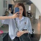 3/4 Sleeve Striped Bear Embroidered Shirt