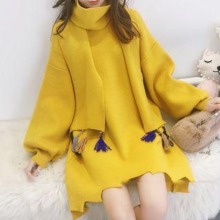 Set: Tasseled Knit Scarf + Long-sleeve Knit Dress