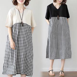 Elbow-sleeve Plaid Panel A-line Midi Dress