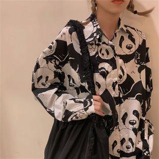 Panda Print Long-sleeve Loose-fit Shirt As Figure - One Size
