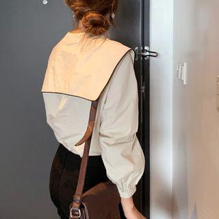 Sailor-collar Beribboned Piped Blouse Light Beige - One Size