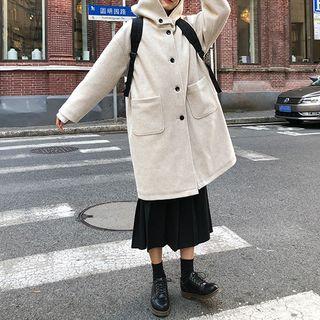 Plain Button-up Hooded Long Coat