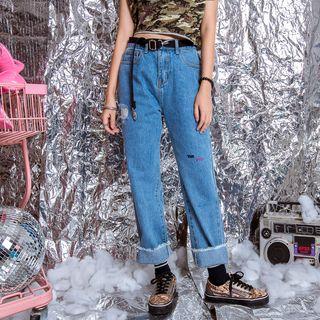 Embroidered Straight-fit Ripped Jeans
