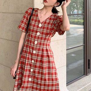 Plaid V-neck Single-breasted Short-sleeve Dress