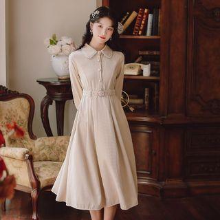 Buckled Gathered-waist Long-sleeve Dress