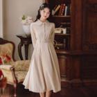 Buckled Gathered-waist Long-sleeve Dress