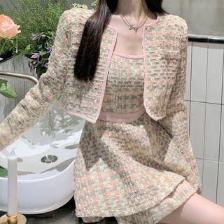 Spaghetti-strap Plaid Mini A-line Dress / Cropped Jacket
