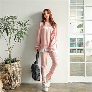 Set: Layered Lettering Sweashirt + Zip-hem Sweatpants