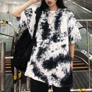 Elbow-sleeve Tie Dye Letter T-shirt As Shown In Figure - One Size