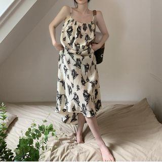 Spaghetti Strap Backless Floral Midi A-line Dress Black Flowers - Beige - One Size