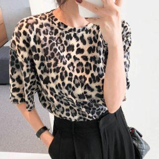 Round-neck Elbow-sleeve Leopard T-shirt