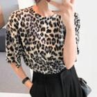 Round-neck Elbow-sleeve Leopard T-shirt