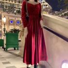 Long-sleeve Shirred Velvet Midi A-line Dress