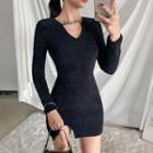 V-neck Long-sleeve Chain Plain Slim Fit Split Dress