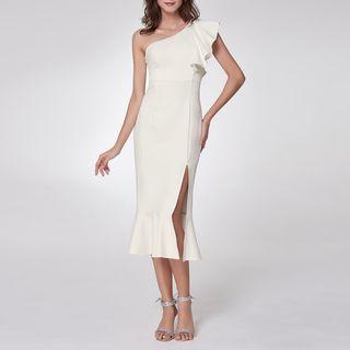 Ruffle One-shoulder Sheath Midi Cocktail Dress