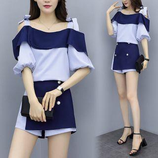 Set: Two Tone Cold Shoulder Top + Skorts