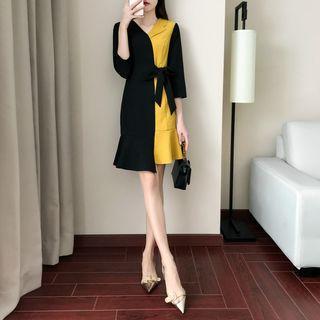 Color Block Ruffle Hem 3/4-sleeve Dress