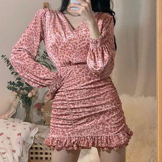 Puff-sleeve Leopard Print Shirred A-line Dress