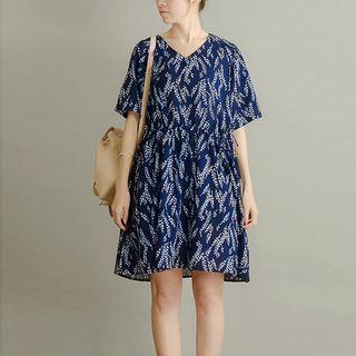 V-neck Printed Drawstring Short-sleeve Dress