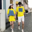 Couple Matching Elbow-sleeve Paneled T-shirt / Elbow-sleeve Mini T-shirt Dress / Asymmetric Spaghetti Strap Top / Shorts