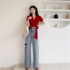 Tie-waist Short-sleeve T-shirt / Distressed Cropped Wide-leg Jeans
