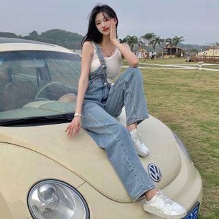 Tank Top / Long-sleeve Tie-dyed Mesh Top / Asymmetrical Denim Dungaree