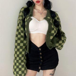 Check Print Crop Sweater/ Cardigan