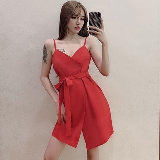 Tie Waist Spaghetti Strap Dress Red - One Size