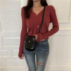 Long-sleeve Plain Ribbed Knit Cardigan