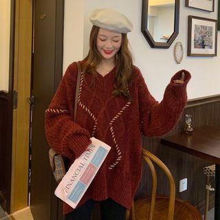 V-neck Argyleknit Long Sweater Wine Red - One Size