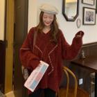 V-neck Argyleknit Long Sweater Wine Red - One Size