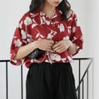 Elbow-sleeve Floral Shirt Red - One Size